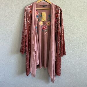 Andree by Unit Crushed Velvet Embroidered Kimono/Open Cardigan Size 2X NWT